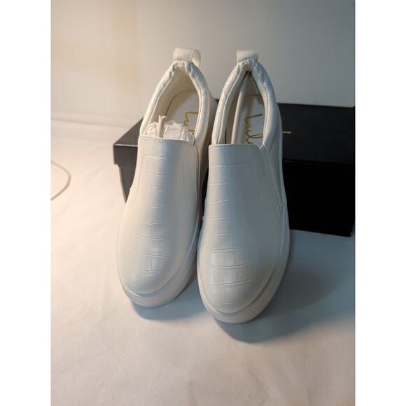 Lulus Cassay Platform Sneaker Women 6 1/2 Crocodile Embossed Slip On Shoe White - Picture 4 of 6